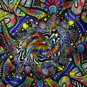 Close-up of vibrant bohemian tapestry fabric with geometric and floral psychedelic patterns