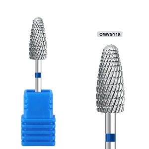 Macro view of professional silver tungsten carbide nail drill bit with blue ring