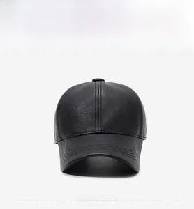 Front view of black leather baseball cap with classic six-panel stitching and curved brim