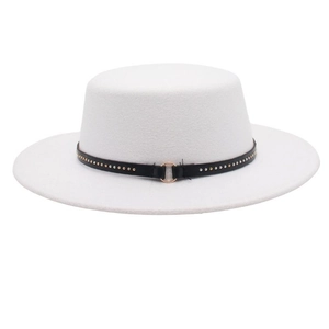 Close-up of white wool felt fedora featuring black leather band and gold metal ring buckle