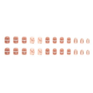 Short round press-on nails set with red-brown marble texture and white line art
