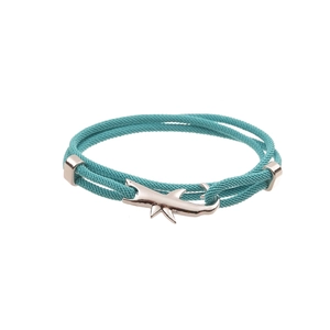 Detail of teal braided Milanese rope bracelet with silver shark metal clasp closure