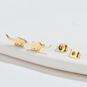 Golden cartoon mouse stud earrings made of stainless steel with butterfly backs