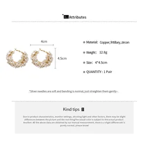 Detailed size specifications for pearl flower cluster hoop earrings in silver and copper