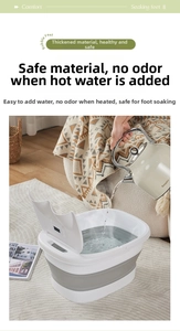 Close-up of a foldable foot bath bucket with digital temperature display and modern gray design