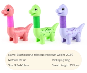 Detailed specs of plastic Brachiosaurus pop tube sensory toys in pink green and purple