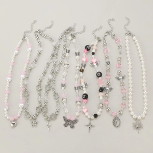 Y2K Gothic Beaded Necklace With Alloy Butterfly Cross Star Pendants Faux Artificial Pearl Acrylic Beads Sweet Cool Style For Women