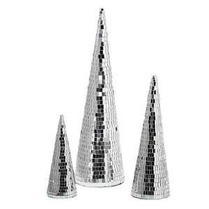 Three-piece silver disco mirror cone set in gradient sizes for festive party decoration
