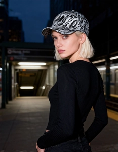 Close-up of zebra pattern baseball cap on a model in an urban street setting