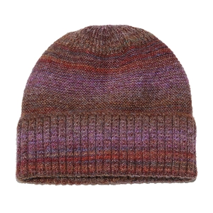 Detailed close-up of gradient knit beanie showing warm brown and red wool texture