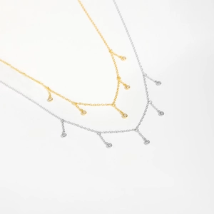 Elegant S925 sterling silver long tassel chain necklace with zircon pendants in gold and silver