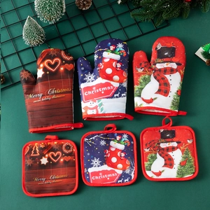 Christmas Oven Mitts And Pot Holders Heat Resistant Polyester Insulated Kitchen Baking Gloves Holiday Santa Snowman Pattern