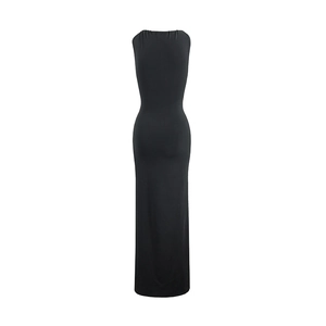 Detailed view of black sleeveless bodycon maxi dress with minimalist slim fit design