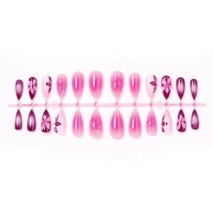 24-piece almond press-on nails featuring 3D purple flower art and pink gradient design
