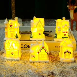 Set of 6 white LED glowing resin Christmas village houses with miniature snow trees