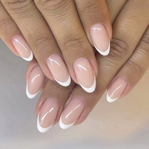 Unghie Finte Press On French Tip Bianco Rosa Nude Lucido Ovale Corto Manicure Artificiale Per Donne