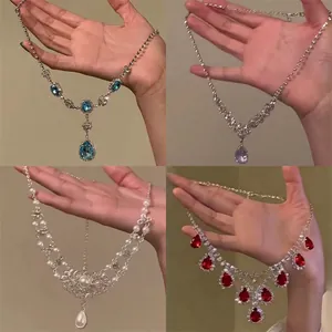 French Court Style Alloy Rhinestone Teardrop Pendant Necklace Luxury Vintage Water Drop Neck Jewelry For Women Banquet