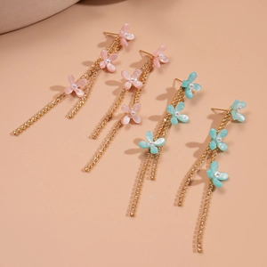 Elegant floral tassel earrings with zircon, resin petals, and pearls in pink and blue