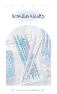Detail of translucent fluorite style gel pens in a blue aesthetic desktop organizer