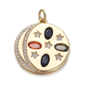 Macro view of a gold circular pendant featuring a zircon crescent moon and colorful gemstones