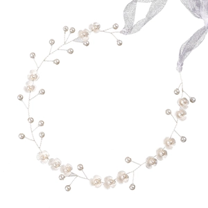 Handmade bridal headband with white flowers and pearls on silver wire with ribbon tie