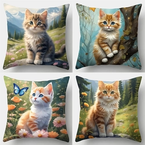 Detailed four-pack of cute cat and flower themed linen cushion covers for sofa decor