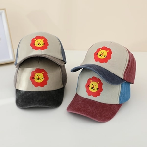 Kids washed cotton baseball cap with cute cartoon lion print and vintage colorblock design