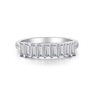 S925 sterling silver eternity ring with baguette-cut zircon stones on white background