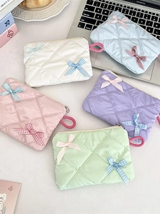 Quilted Makeup Bag With Bow Ribbon Decor Portable Cosmetic Pouch Polyester Zipper Mini Coin Purse For Women Sweet Travel
