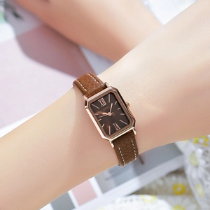 Elegant square leather watch with rose gold case and brown Roman numeral dial on wrist
