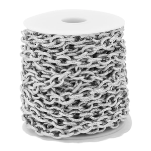 Detailed macro view of 8mm silver stainless steel twist chain on a white spool