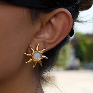 Classic 18K gold plated stainless steel sun stud earrings with white opal stone