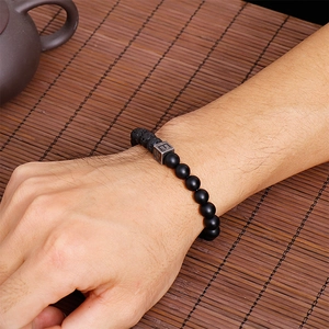 Black matte beads and lava stone bracelet with engraved letter E stainless steel bead