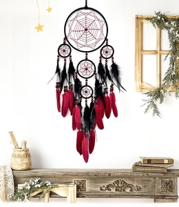 Détail d'un attrape-rêves ethnique avec anneaux noirs, cordages rouges et plumes naturelles
