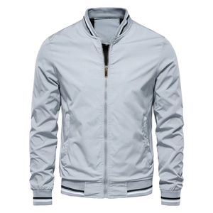 Detail of ribbed bomber collar with black and white stripes on light grey jacket
