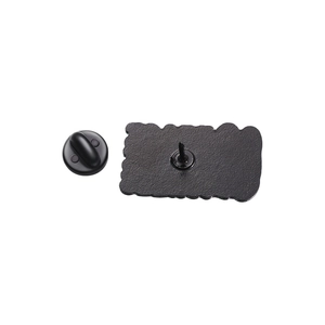Detail view of the metal pin back showing the matte black zinc alloy finish and rubber clutch