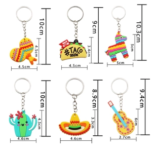 6-piece Mexican themed PVC keychain set with size measurements for taco and cactus designs