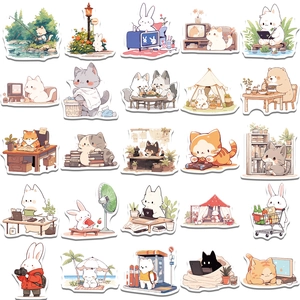 50 pieces of cute animal graffiti stickers featuring cats, rabbits and bears in a grid