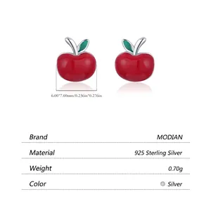 S925 sterling silver red apple stud earrings with green leaf and enamel finish details