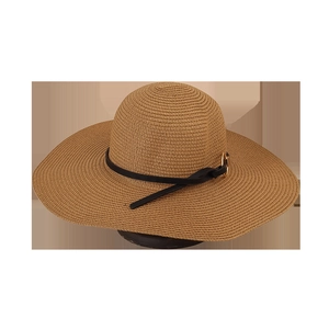 Minimalist wide brim straw sun hat for women with black band and gold ring decoration