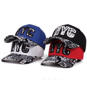 Set of 4 NYC snapback hats in blue, black, white, and red with graffiti print on brim