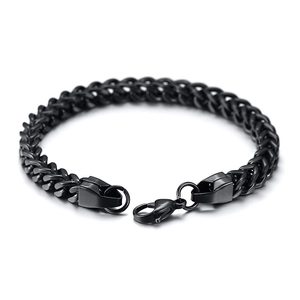 Close-up of black titanium steel woven chain bracelet with a secure lobster clasp