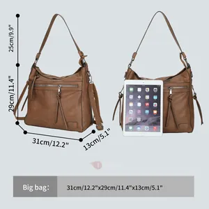 Size chart showing brown hobo tote bag dimensions with iPad scale comparison