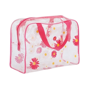 Waterproof PVC makeup bag with daisy patterns, pink handle and large capacity