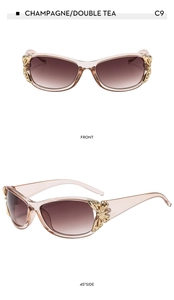 Champagne wrap-around sunglasses with gradient tea lenses and gold butterfly accents