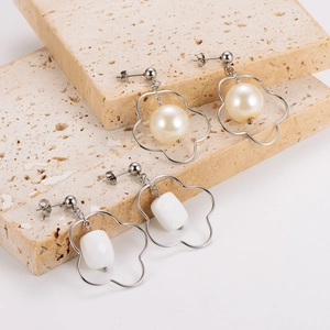 Hollow Flower Irregular Stainless Steel Dangle Earrings With Artificial Pearl And Stone Elegant Fashion Jewelry For Women