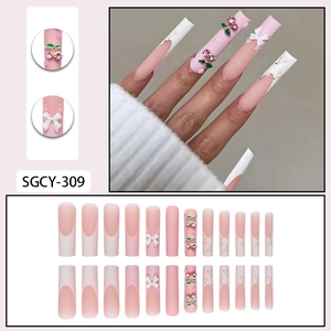 French tip long square press on nails with cherry charms and white 3D bows