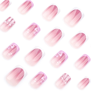 Rosa Ombre-Nägel zum Aufkleben mit weißen Herzen, Silberglitzer und Spitzenmuster