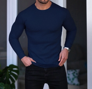 Detail of navy blue slim fit men's long sleeve knit t-shirt with ribbed texture and stand collar