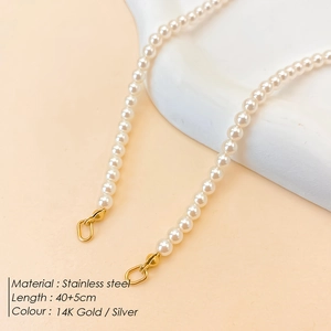 Macro view of stainless steel pearl necklace with 40+5cm length and color specs